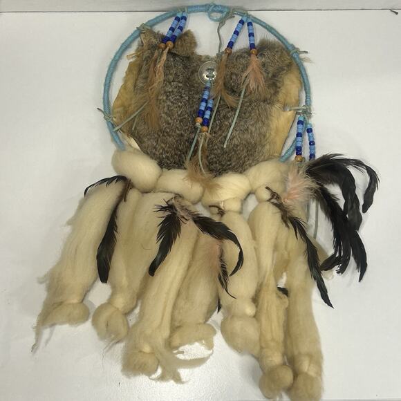 Vintage Native American Mandala Dream Catcher Fur Wool Feathers Beaded - Picture 1 of 6